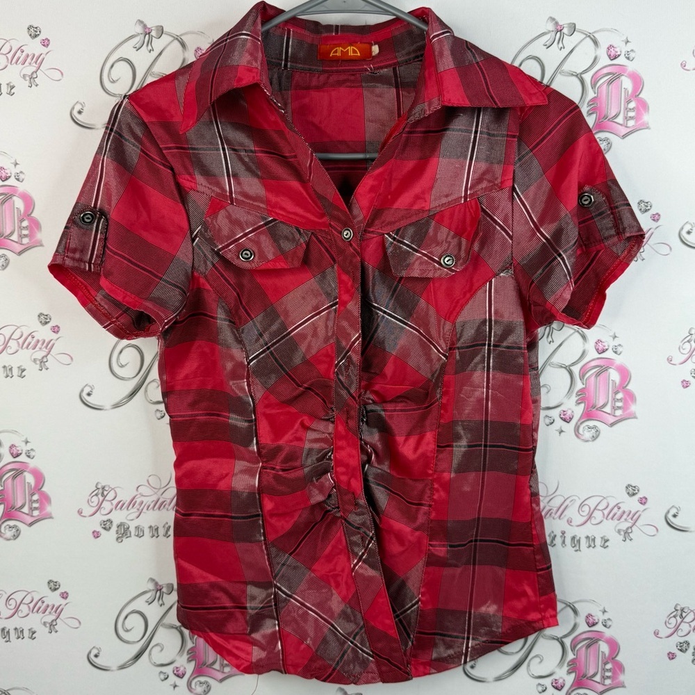 AMD t-shirt, shiny material, cargo style, top y2k Red and Black Plaid Shirt